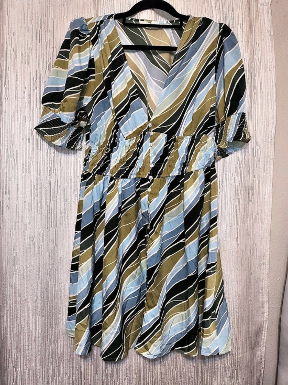 Vintage Entro Green Blue Abstract Print Tiered Midi Dress Puff Sleeves L